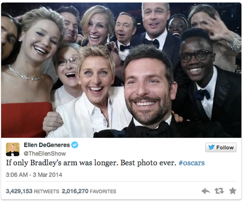 Ellen DeGeneres's tweet of a star-studded selfie from the 2014 Oscars